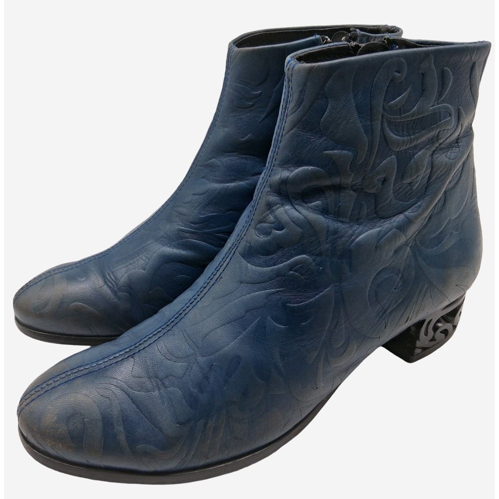 Miista Boots Womens EU 38 US 7 Blue Leather Ankle Zip Block Heel Floral Booties